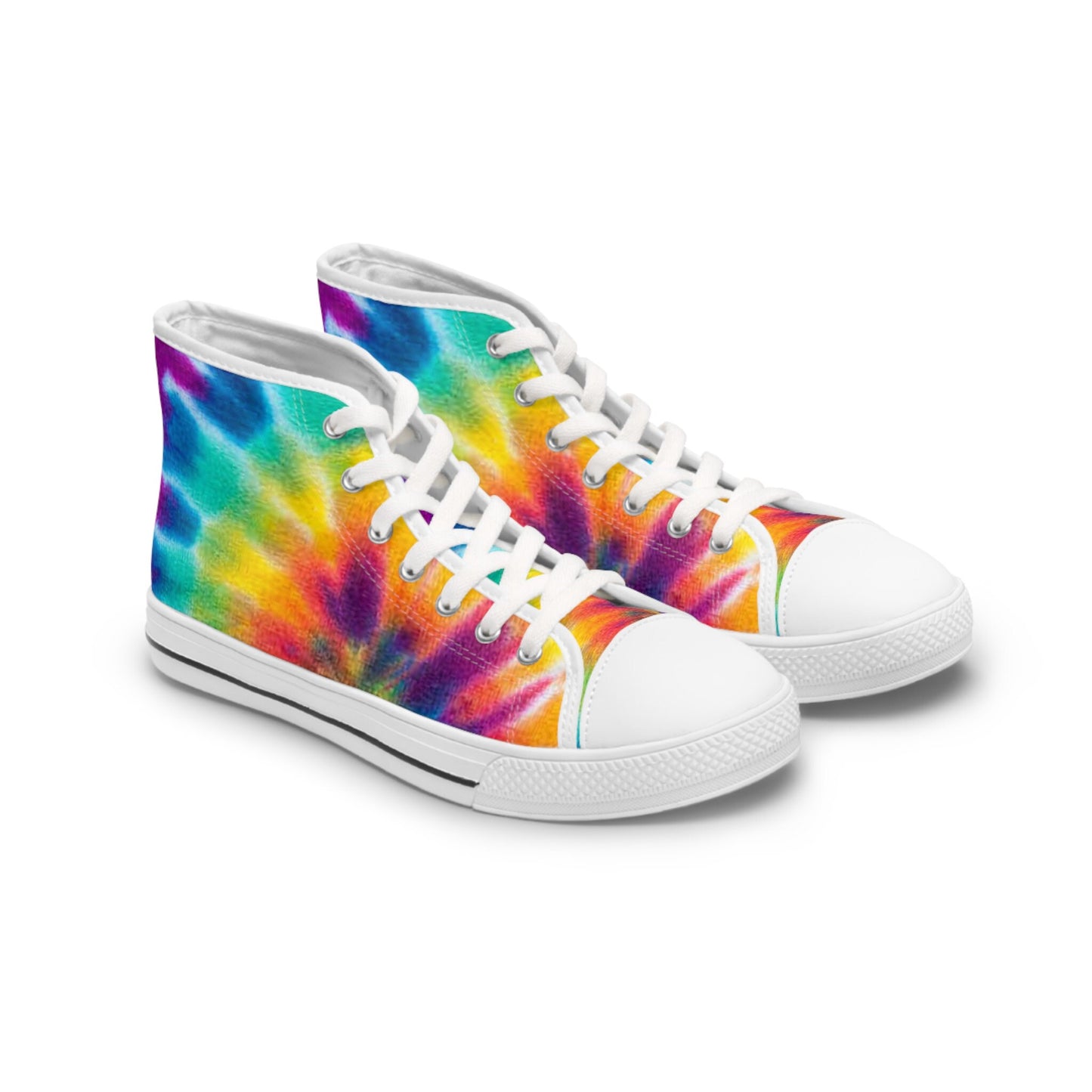 A pair of high-top sneakers is displayed on a white background. The shoes feature a vibrant rainbow tie-dye pattern in shades of red, orange, yellow, green, blue, and purple. They have white laces, white rubber toe caps, and white soles with a thin black stripe, creating a bold and cheerful look.
