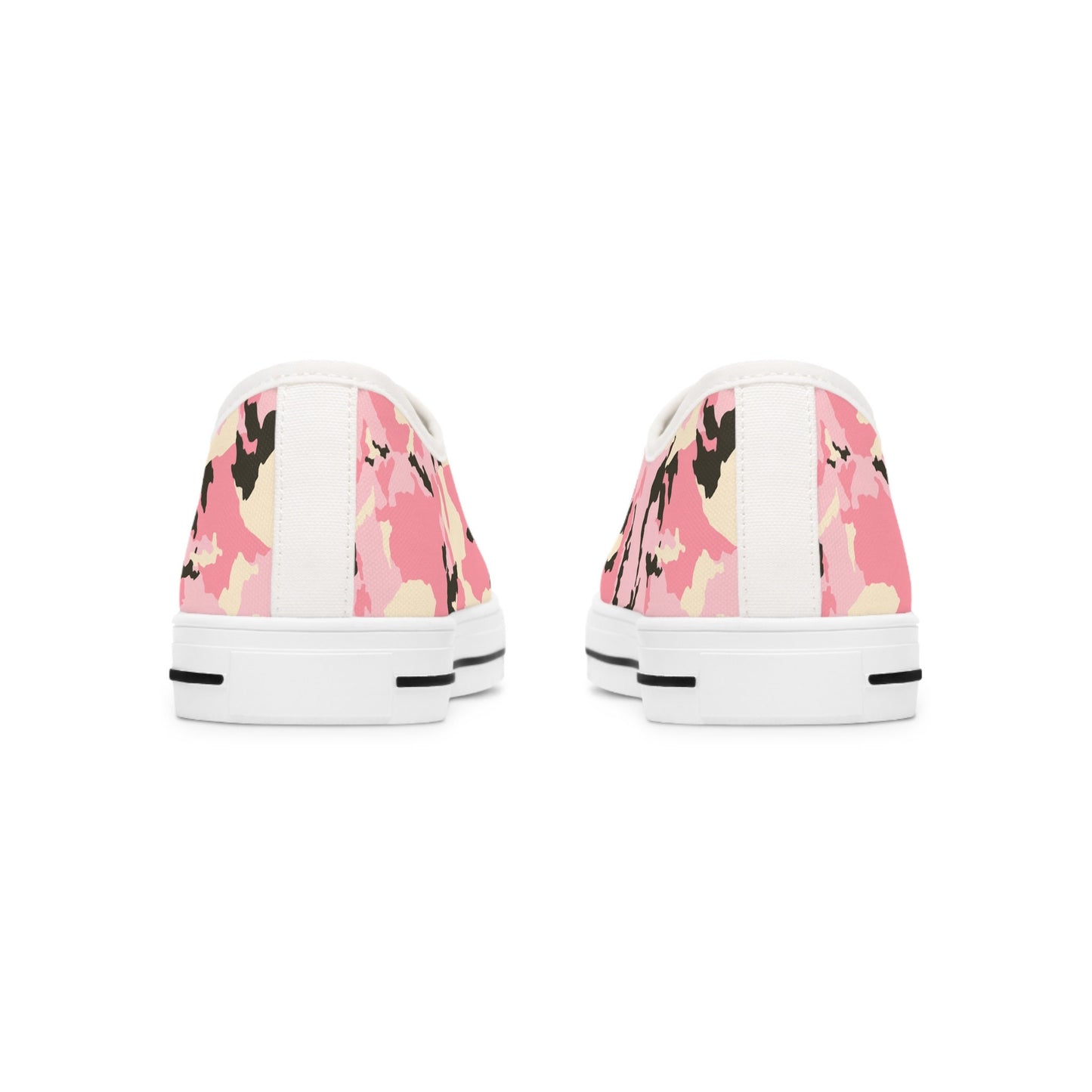 Back view of pink camouflage low-top canvas sneakers with white heels and rubber soles featuring black stripe accents—durable and stylish shoes for casual everyday wear.