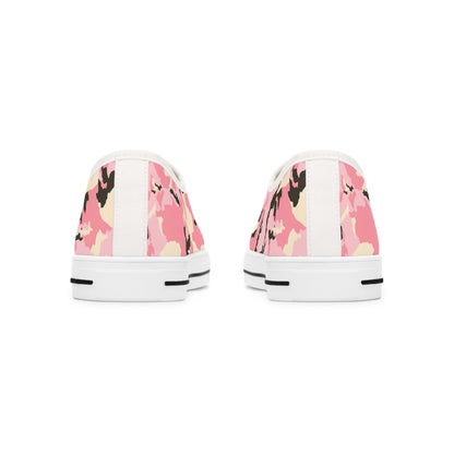 Back view of pink camouflage low-top canvas sneakers with white heels and rubber soles featuring black stripe accents—durable and stylish shoes for casual everyday wear.