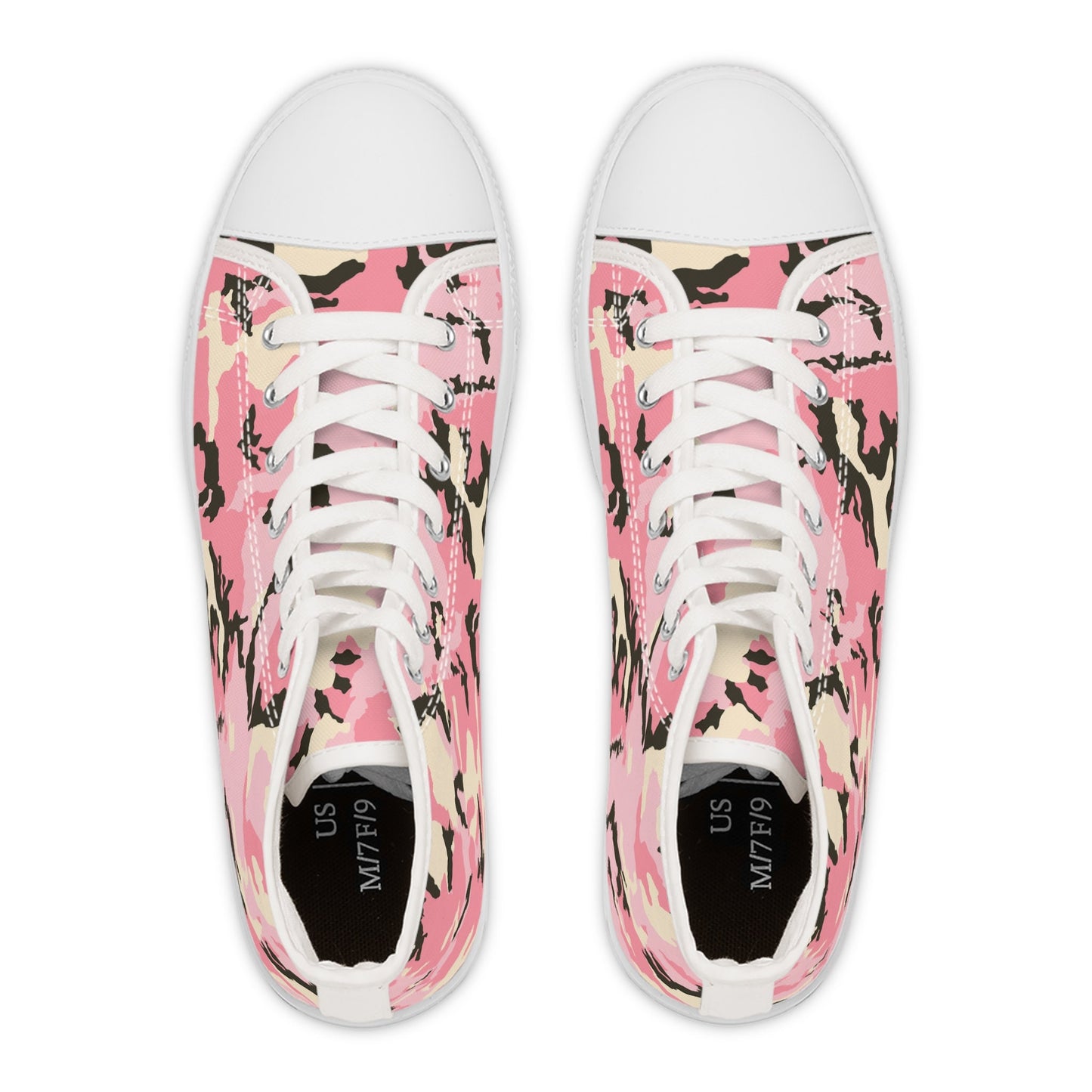 Top-down view of a pair of high-top sneakers featuring a bold pink camouflage pattern with black, beige, and white accents. The shoes have white rubber toe caps, white laces, and black insoles labeled with the size &quot;US M7/F9.&quot; The design is symmetrical and eye-catching, blending urban streetwear with a playful, feminine twist.