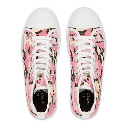 Top-down view of a pair of high-top sneakers featuring a bold pink camouflage pattern with black, beige, and white accents. The shoes have white rubber toe caps, white laces, and black insoles labeled with the size &quot;US M7/F9.&quot; The design is symmetrical and eye-catching, blending urban streetwear with a playful, feminine twist.