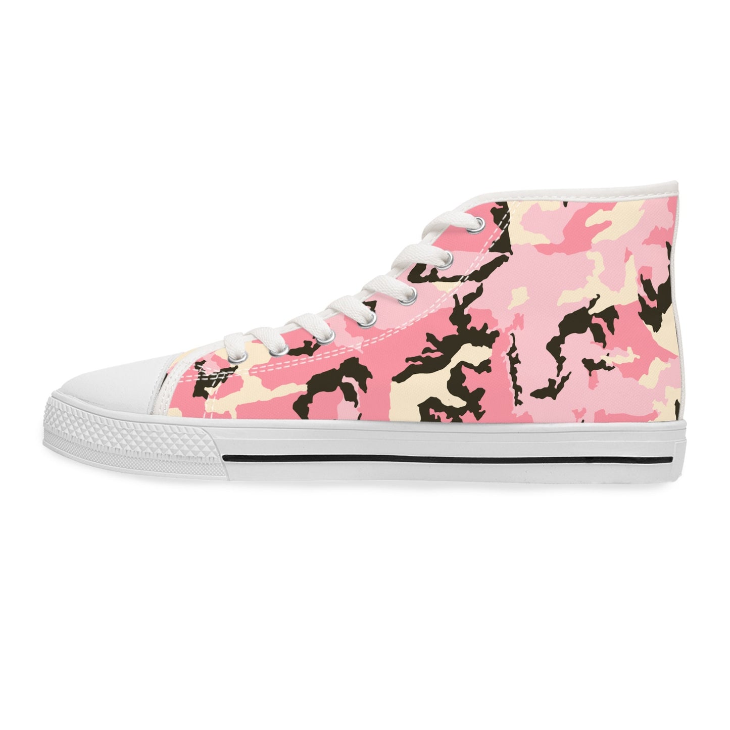 Side view of a high-top sneaker with a bold pink camouflage pattern, featuring black, beige, and light pink tones. The shoe has white laces, a white rubber sole with a black stripe detail, and a white toe cap. The design is modern and eye-catching, combining streetwear flair with playful colors.