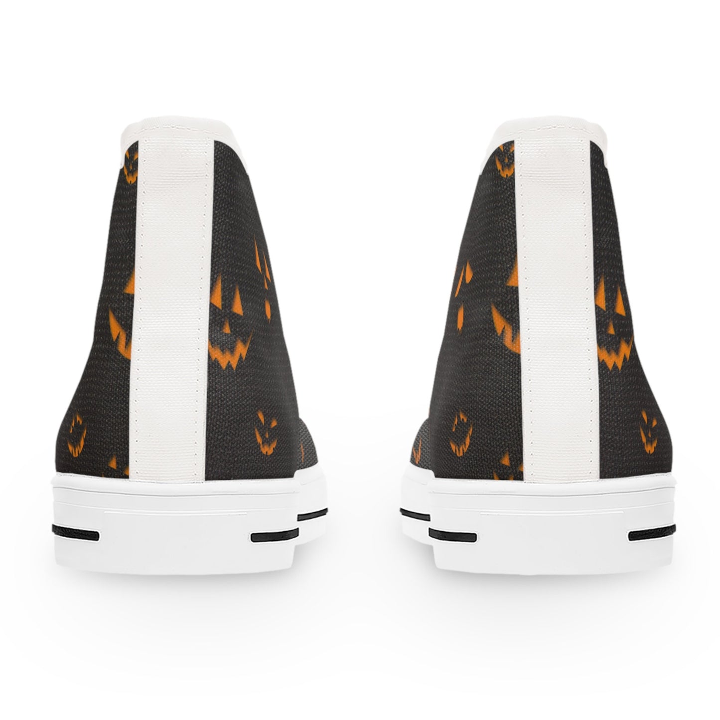 Rear view of a pair of black high-top sneakers featuring a Halloween-themed design with glowing orange jack-o&#39;-lantern faces. The shoes have white soles and a vertical white stripe running down the back, shown against a plain white background.