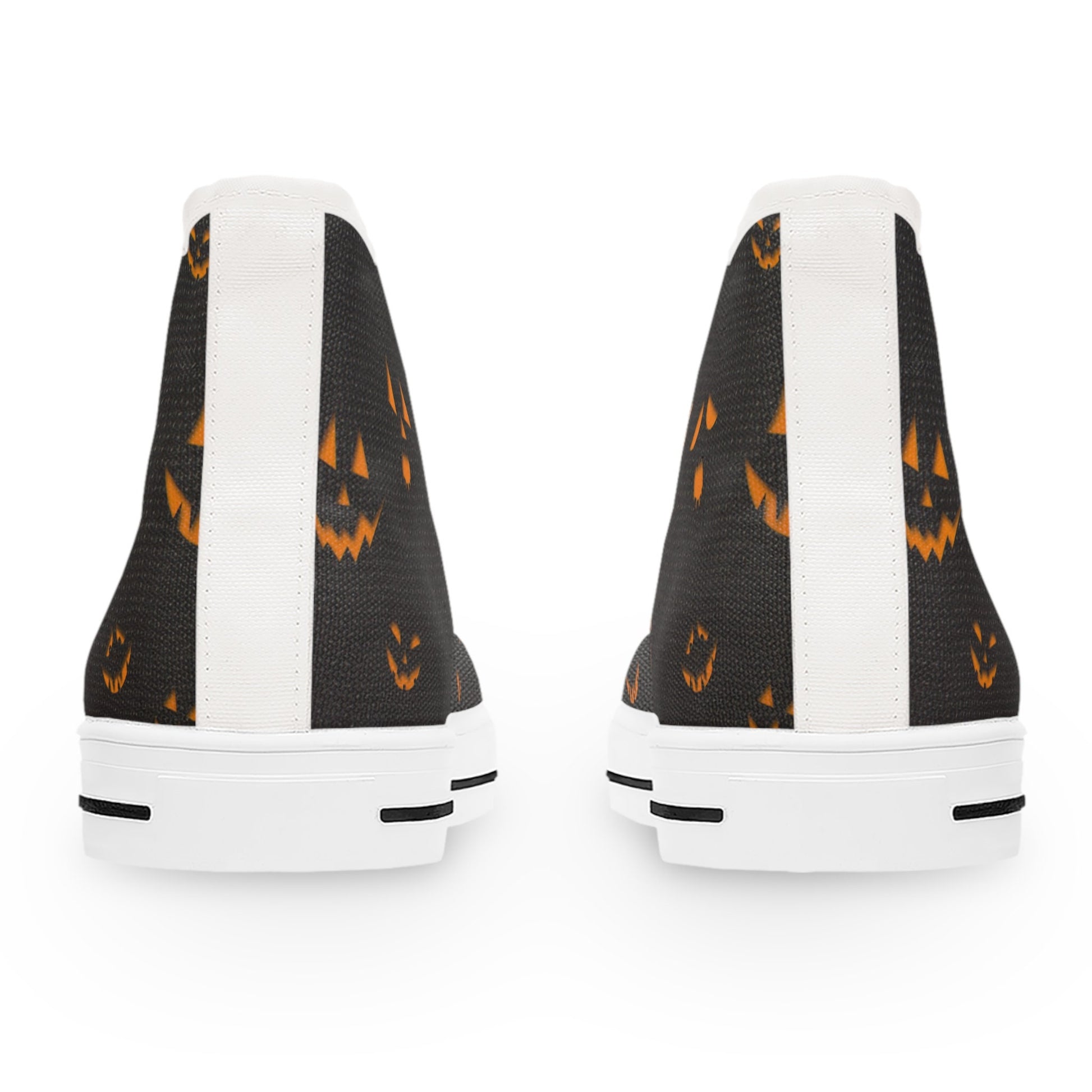 Rear view of a pair of black high-top sneakers featuring a Halloween-themed design with glowing orange jack-o&#39;-lantern faces. The shoes have white soles and a vertical white stripe running down the back, shown against a plain white background.