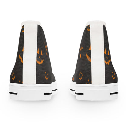 Rear view of a pair of black high-top sneakers featuring a Halloween-themed design with glowing orange jack-o&#39;-lantern faces. The shoes have white soles and a vertical white stripe running down the back, shown against a plain white background.
