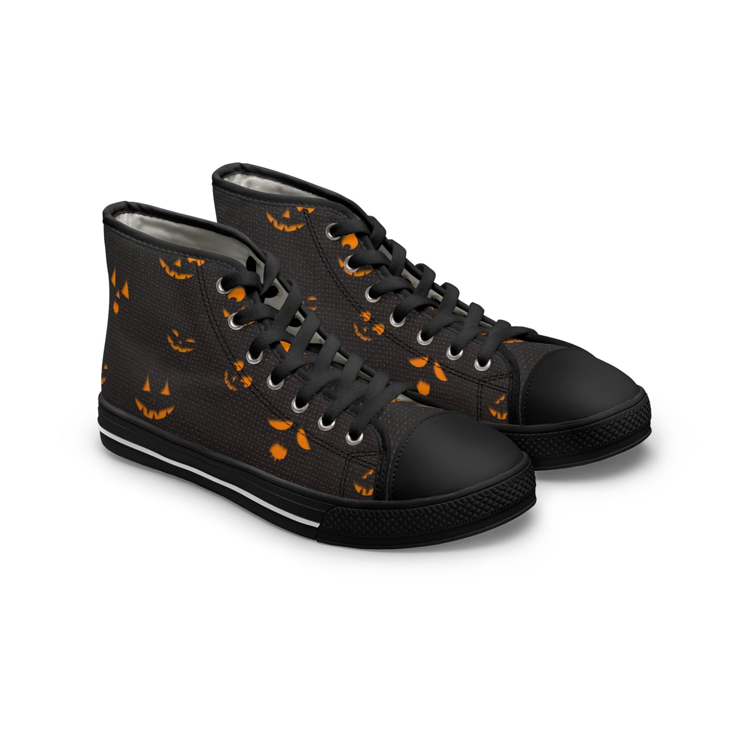 Pair of black high-top sneakers with matching black soles, laces, and toe caps. The shoes feature a festive Halloween pattern of glowing orange jack-o&#39;-lantern faces on the sides. Displayed against a plain white background.