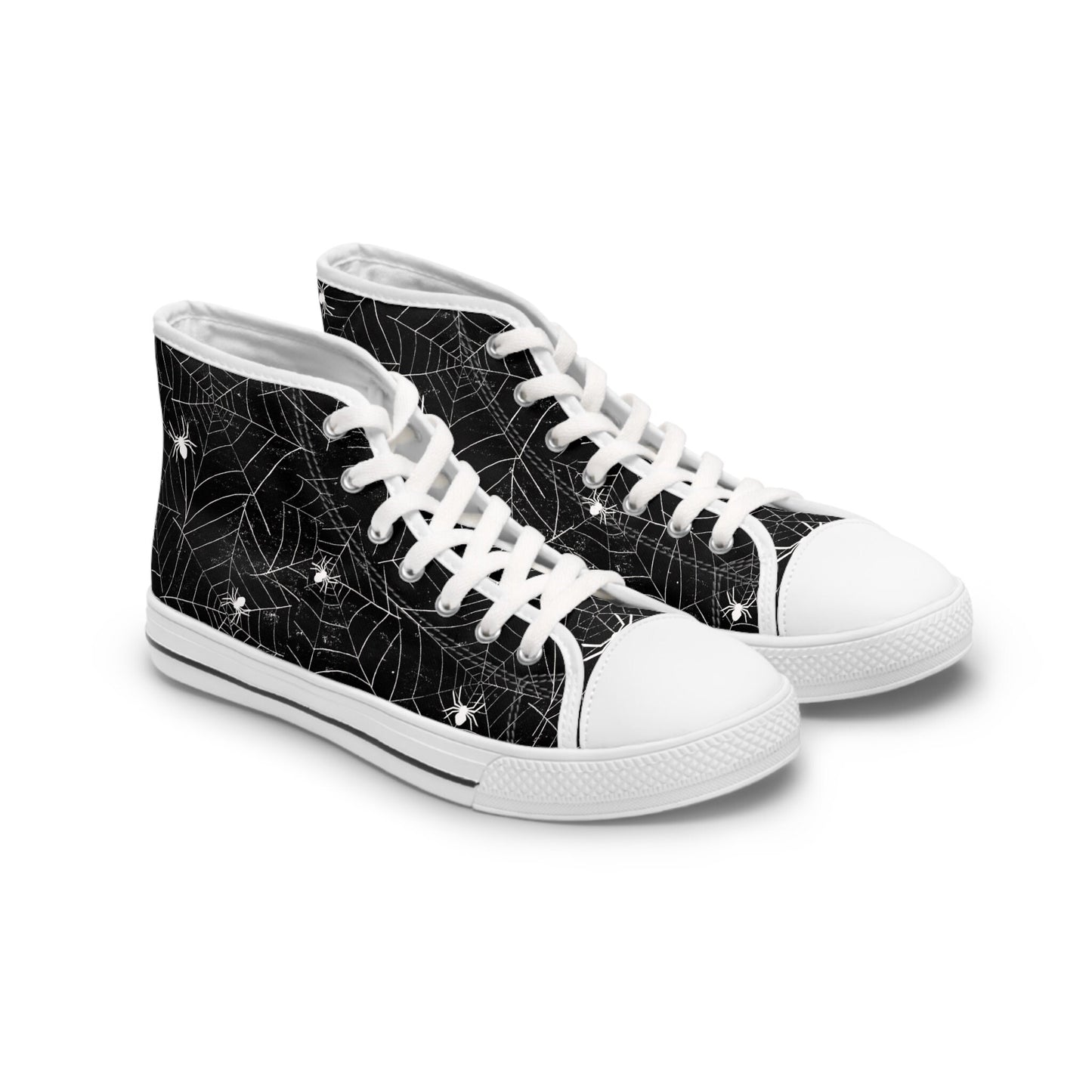 Pair of black high-top sneakers with white soles, toe caps, and laces. The canvas features a white spiderweb and spider pattern throughout, giving the shoes a Halloween-inspired design.