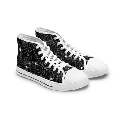 Pair of black high-top sneakers with white soles, toe caps, and laces. The canvas features a white spiderweb and spider pattern throughout, giving the shoes a Halloween-inspired design.