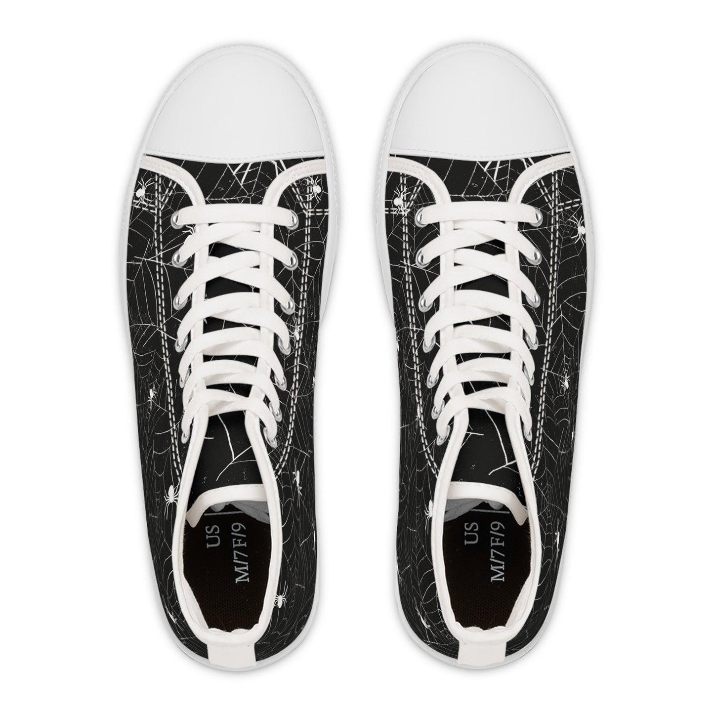 Top-down view of a pair of black high-top sneakers with white soles, toe caps, and laces. The shoes feature a white spiderweb and spider pattern on the canvas. Inside the heel area, the sizing label shows &#39;US M7/F9&#39; on each shoe.