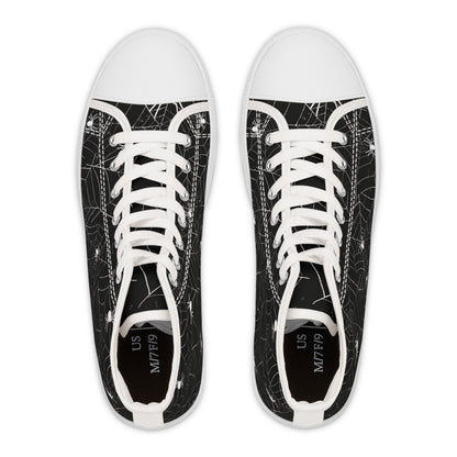Top-down view of a pair of black high-top sneakers with white soles, toe caps, and laces. The shoes feature a white spiderweb and spider pattern on the canvas. Inside the heel area, the sizing label shows &#39;US M7/F9&#39; on each shoe.