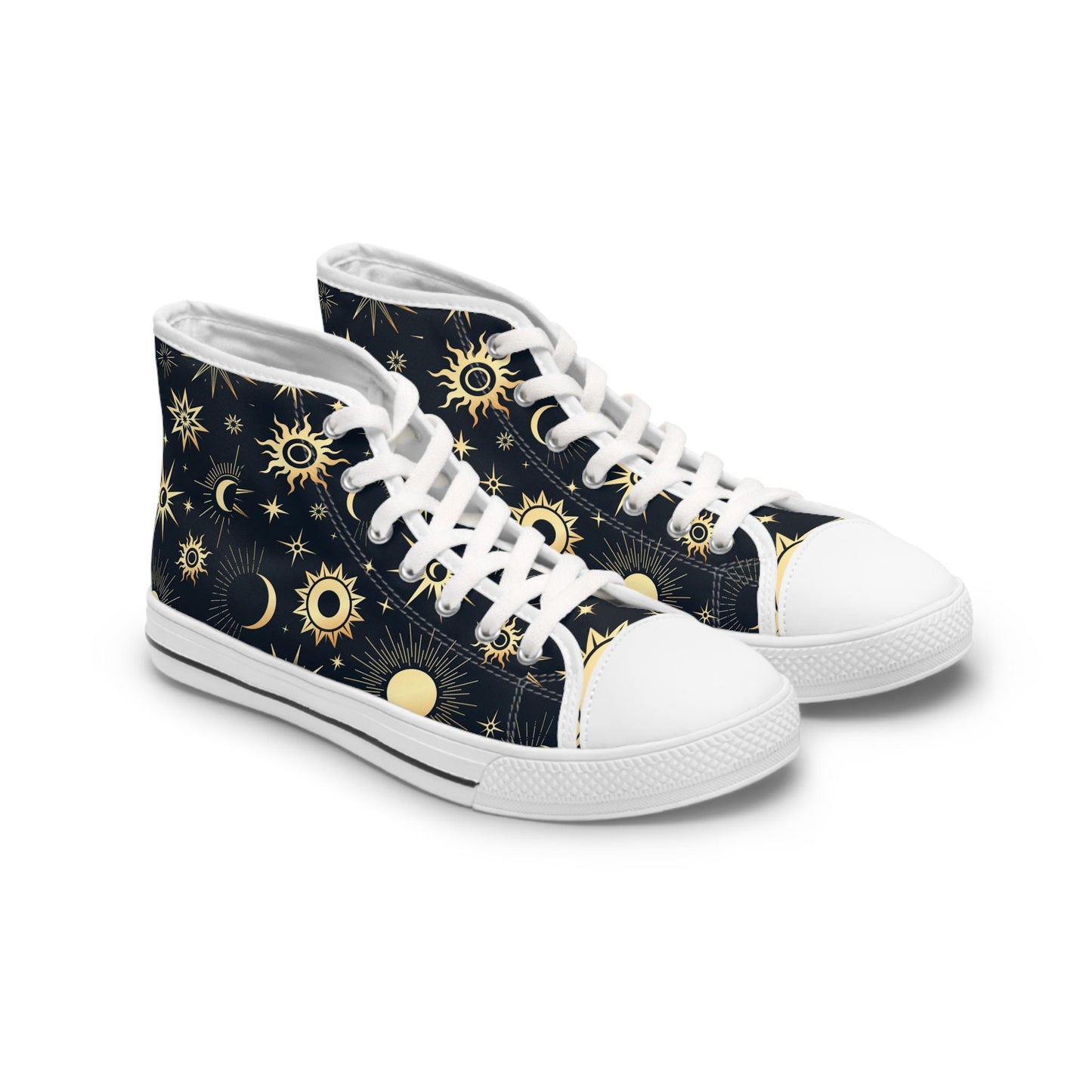 Angled view of a pair of high-top canvas sneakers featuring a celestial design on a dark navy background. The pattern includes golden suns, moons, and stars in various sizes and styles. The shoes have white laces, white rubber toe caps, and white soles with a black stripe detail, combining a cosmic aesthetic with classic sneaker styling.