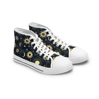 Angled view of a pair of high-top canvas sneakers featuring a celestial design on a dark navy background. The pattern includes golden suns, moons, and stars in various sizes and styles. The shoes have white laces, white rubber toe caps, and white soles with a black stripe detail, combining a cosmic aesthetic with classic sneaker styling.