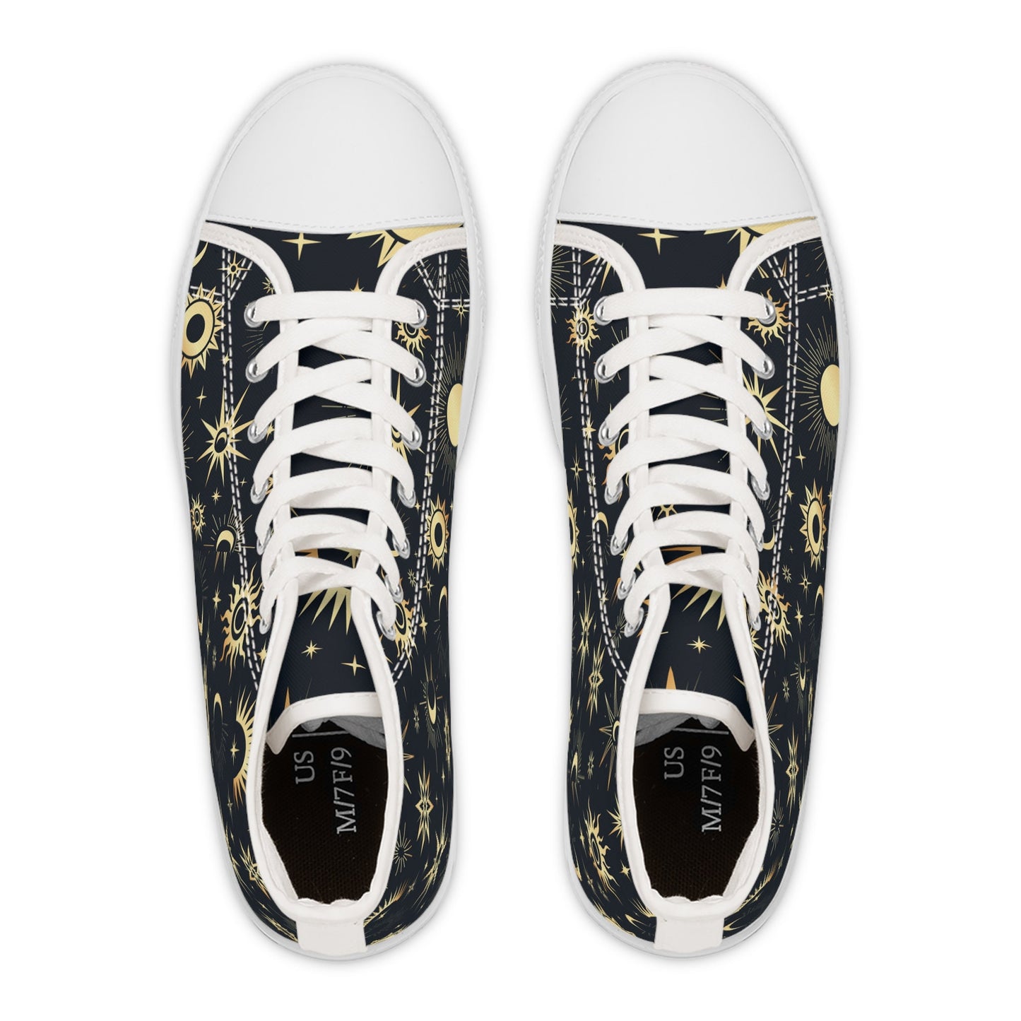 Top-down view of a pair of high-top sneakers with a celestial design featuring golden suns, moons, and stars on a dark navy background. The shoes have white laces, white rubber toe caps, and black insoles labeled with the size “US M7/F9.” The symmetrical pattern creates a visually striking cosmic aesthetic.