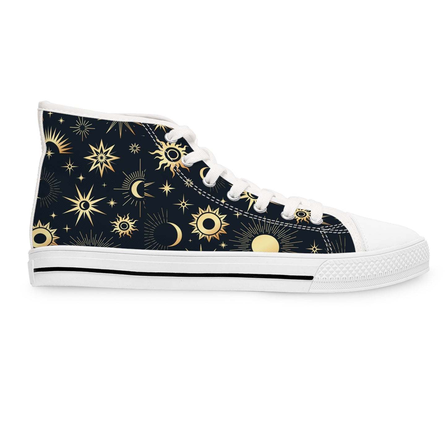 Side view of a high-top sneaker with a dark navy background and a celestial pattern featuring golden suns, crescent moons, and stars. The shoe has white laces, a white rubber sole with a black stripe accent, and a white toe cap. The design is stylish and cosmic, blending astronomy-inspired artwork with classic sneaker elements.