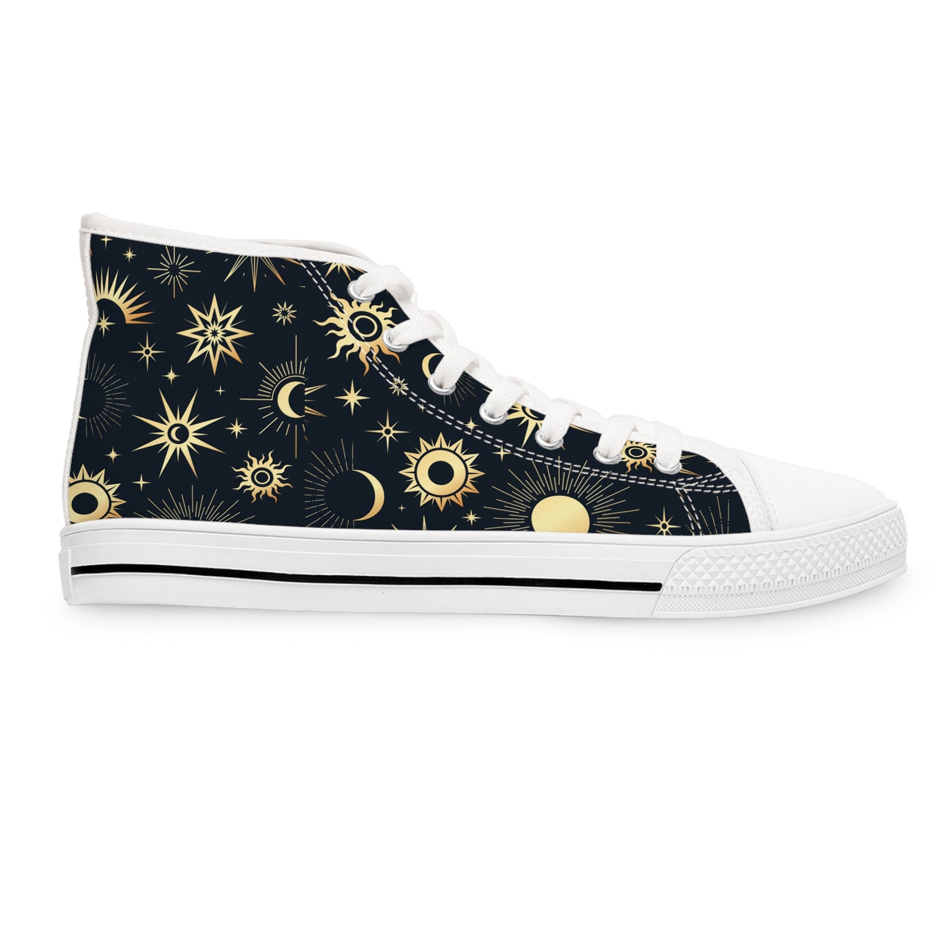 Side view of a high-top sneaker with a dark navy background and a celestial pattern featuring golden suns, crescent moons, and stars. The shoe has white laces, a white rubber sole with a black stripe accent, and a white toe cap. The design is stylish and cosmic, blending astronomy-inspired artwork with classic sneaker elements.