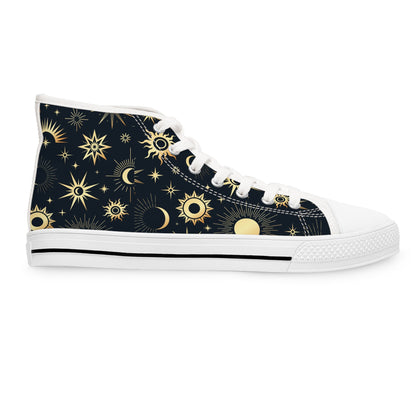 Side view of a high-top sneaker with a dark navy background and a celestial pattern featuring golden suns, crescent moons, and stars. The shoe has white laces, a white rubber sole with a black stripe accent, and a white toe cap. The design is stylish and cosmic, blending astronomy-inspired artwork with classic sneaker elements.
