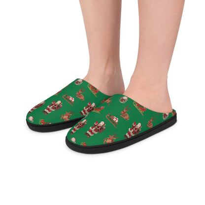 Green Christmas Slippers: Santa and Reindeer Flannel Fleece House Shoes