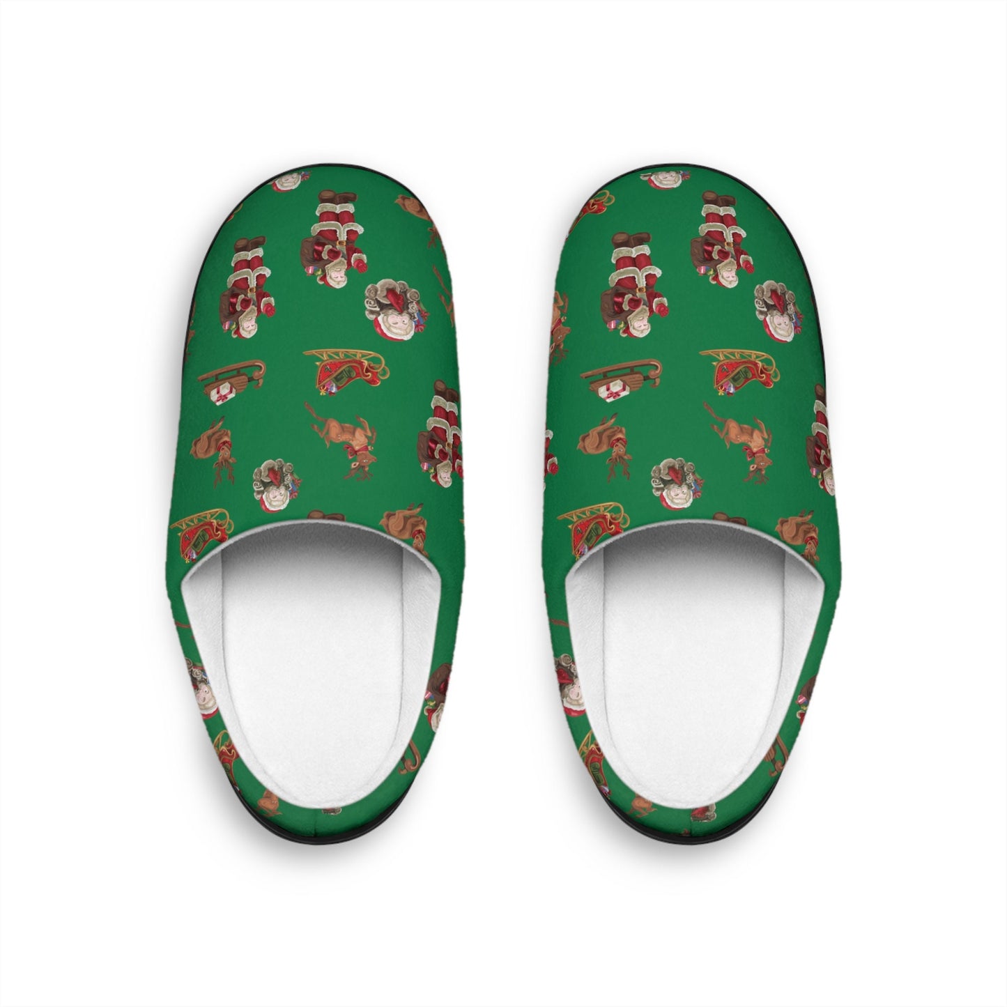 Green Christmas Slippers: Santa and Reindeer Flannel Fleece House Shoes