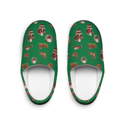 Green Christmas Slippers: Santa and Reindeer Flannel Fleece House Shoes