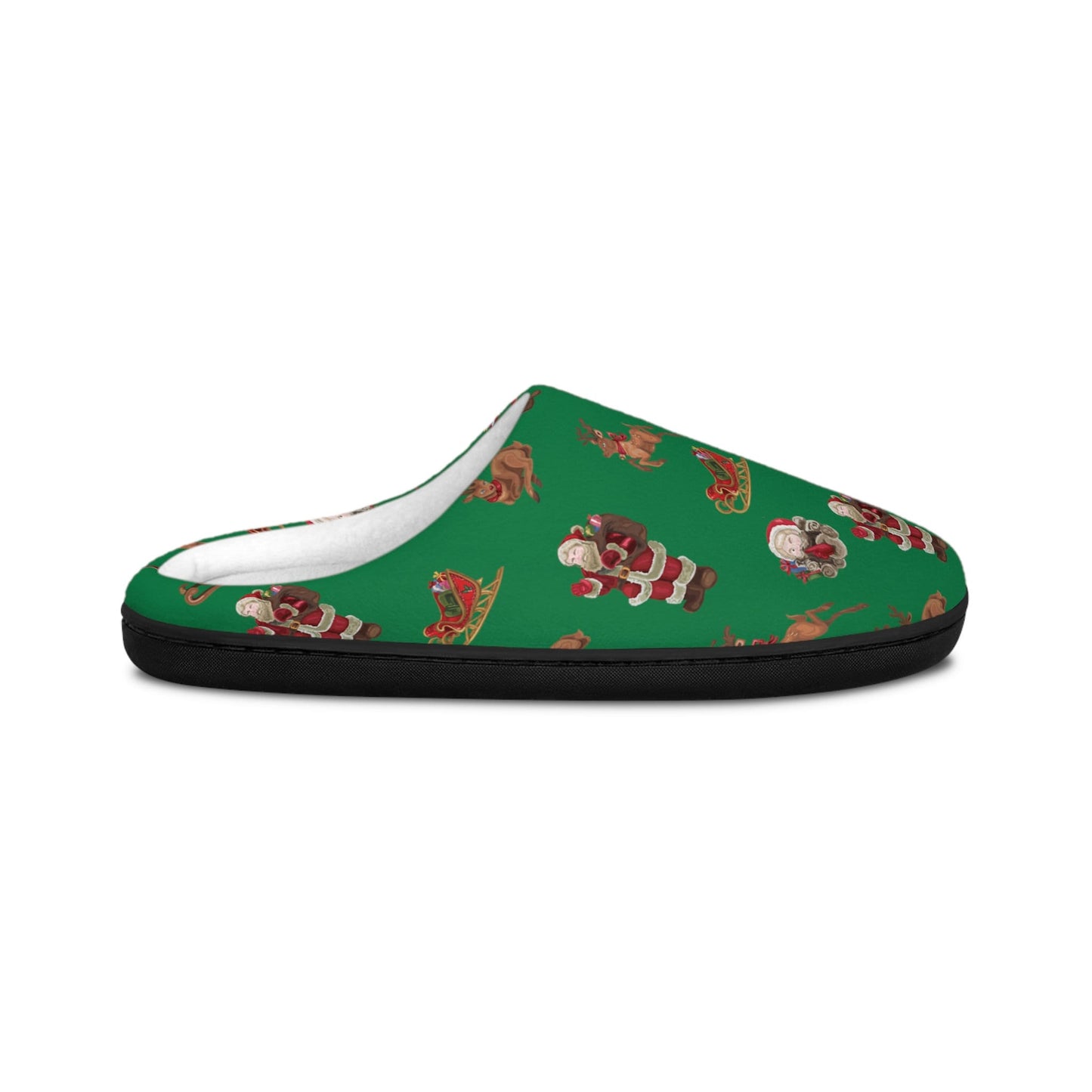 Green Christmas Slippers: Santa and Reindeer Flannel Fleece House Shoes