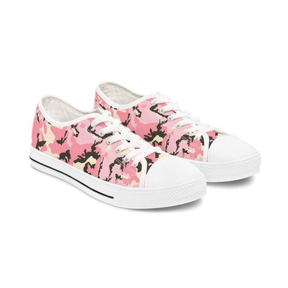 Pair of low-top canvas sneakers featuring a bold pink camouflage pattern with white laces, rubber toe caps, and textured white soles—stylish and durable casual shoes for everyday wear.