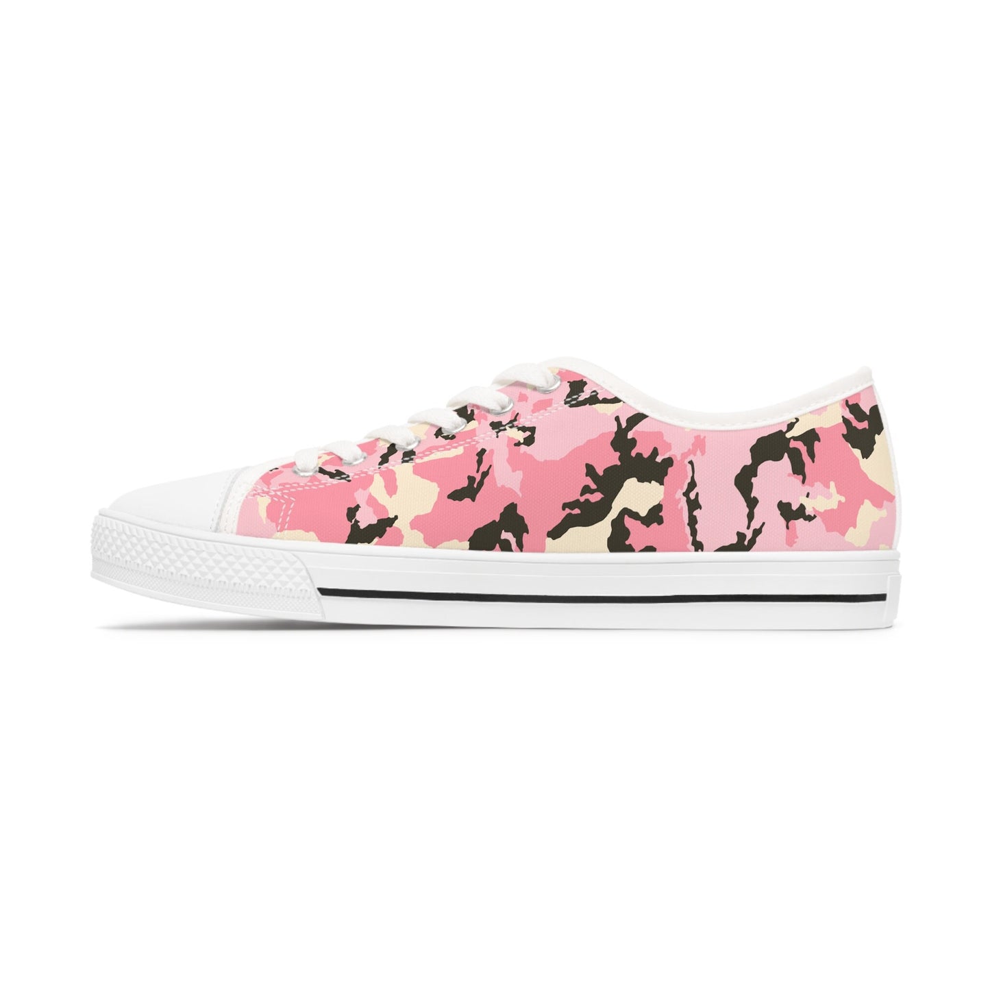 Side view of a pink camouflage low-top canvas sneaker with white laces, rubber toe cap, and black stripe detail on the white sole—trendy and versatile shoe for casual streetwear.