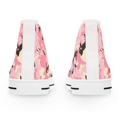 Rear view of a pair of high-top sneakers featuring a pink camouflage pattern with black, beige, and light pink tones. The shoes have white soles and a vertical white fabric strip running up the heel, adding a clean contrast to the bold camo design. The overall style is modern and playful with a streetwear edge.
