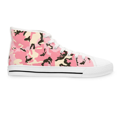 Side view of a high-top sneaker featuring a vibrant pink camouflage pattern with black, beige, and light pink elements. The shoe has white laces, a white rubber sole with a thin black stripe along the bottom edge, and a white rubber toe cap. The design blends bold streetwear style with playful, feminine colors.