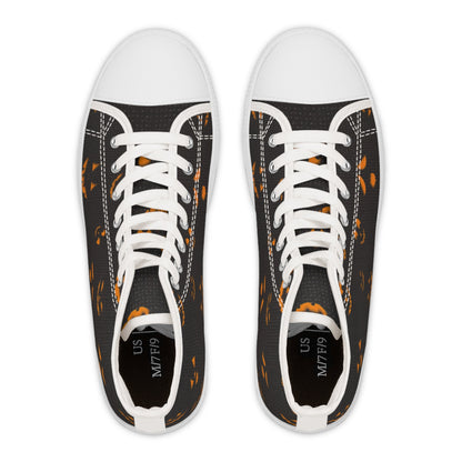 Top-down view of a pair of black high-top sneakers with white toe caps, laces, and soles. The shoes feature a festive Halloween pattern of glowing orange jack-o&#39;-lantern faces and have size labels inside indicating US M7/F9. Displayed on a plain white background.