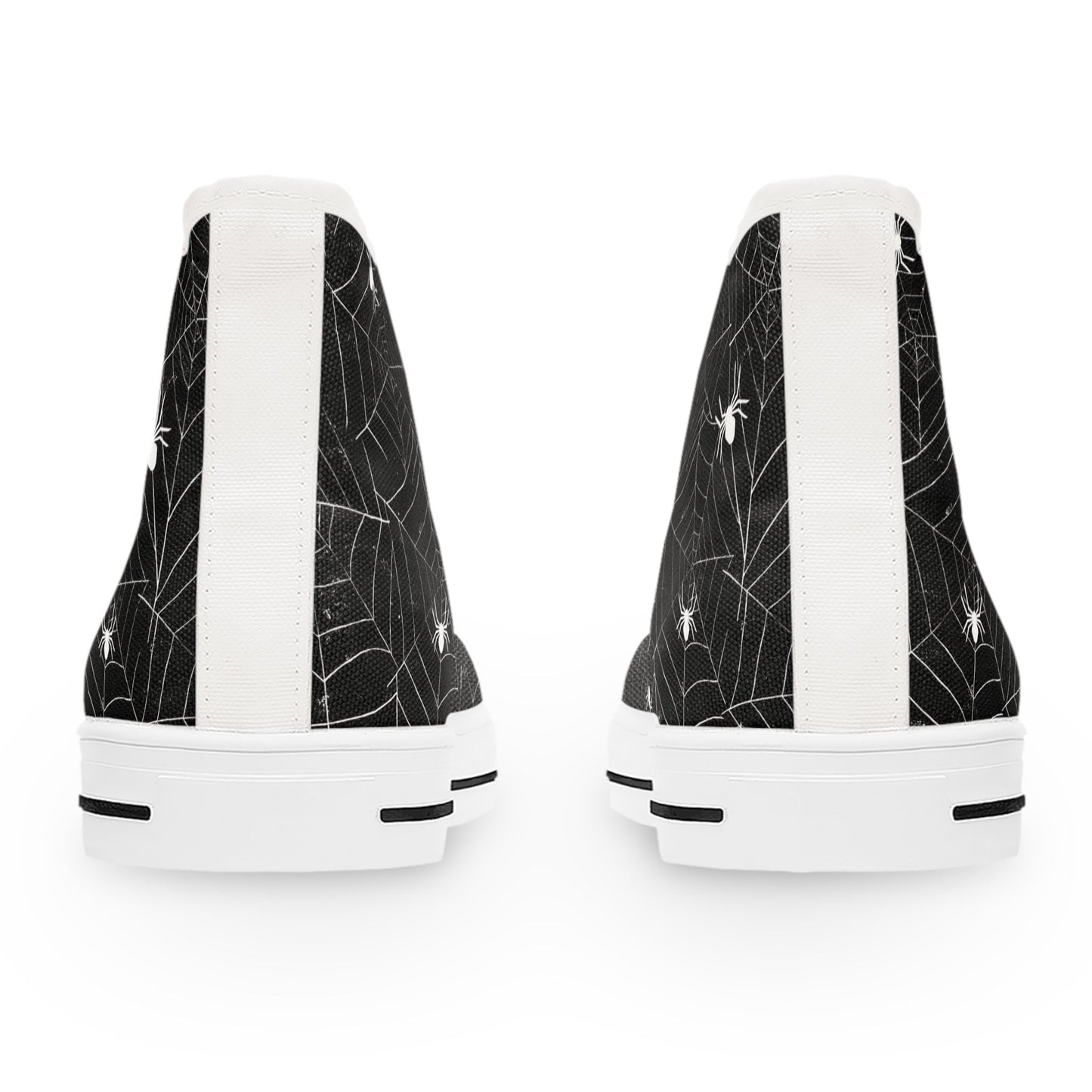 Rear view of a pair of black high-top sneakers with a white spiderweb and spider pattern. The shoes feature a white vertical stripe along the back heel and have thick white rubber soles with black accents.