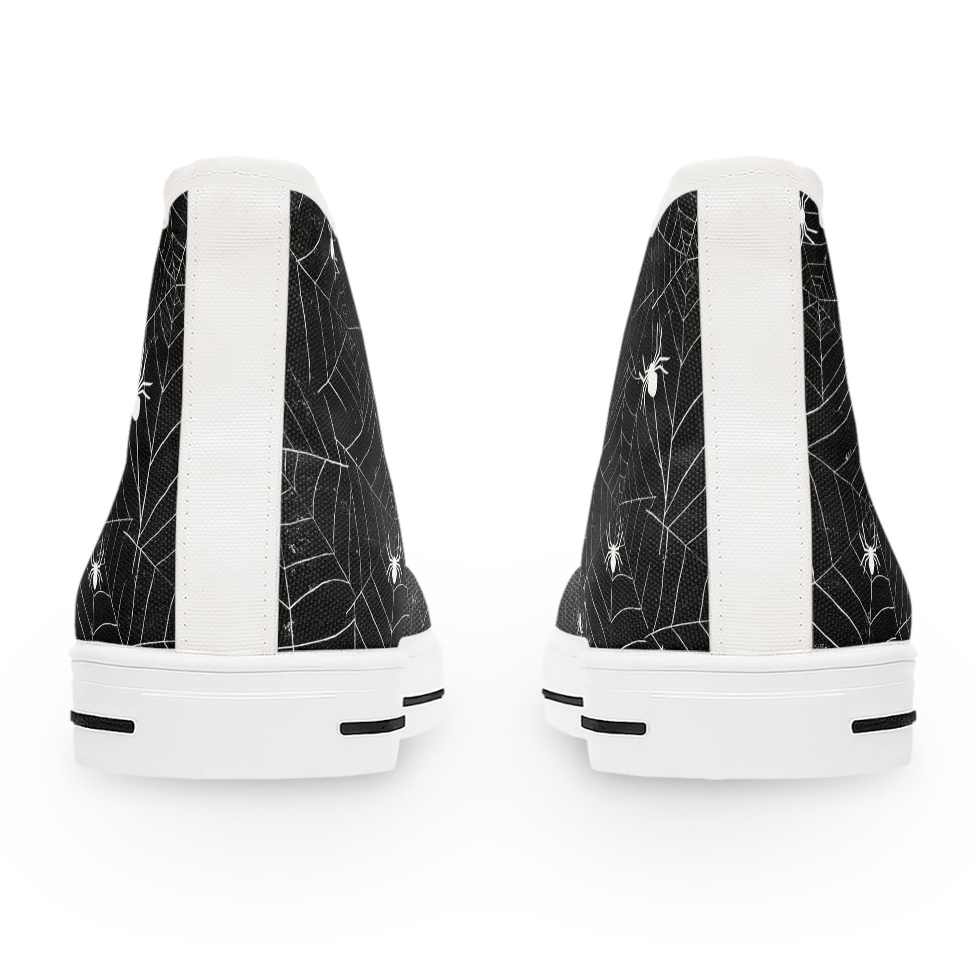 Rear view of a pair of black high-top sneakers with a white spiderweb and spider pattern. The shoes feature a white vertical stripe along the back heel and have thick white rubber soles with black accents.