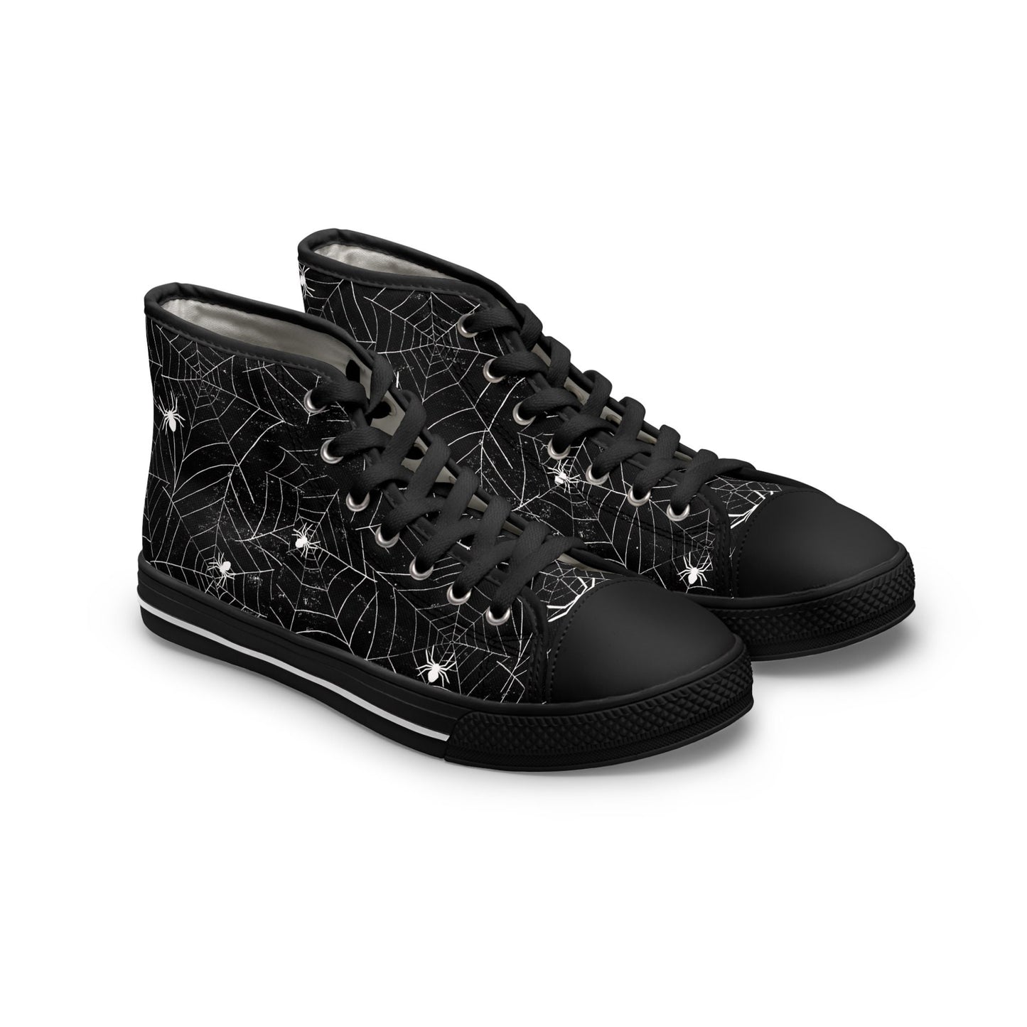 Pair of black high-top sneakers featuring a white spiderweb and spider pattern. The shoes have black soles, black toe caps, black laces, and silver eyelets, creating a bold Halloween-inspired design.