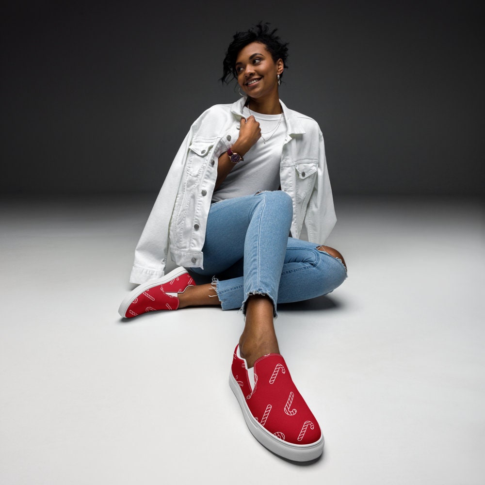 Christmas Candy Cane Sneakers, Red, Women’s slip-on canvas shoes, Gift for Her