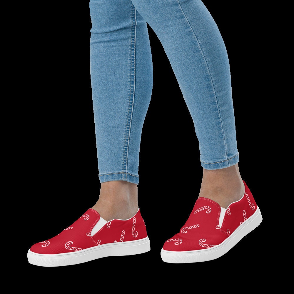 Christmas Candy Cane Sneakers, Red, Women’s slip-on canvas shoes, Gift for Her