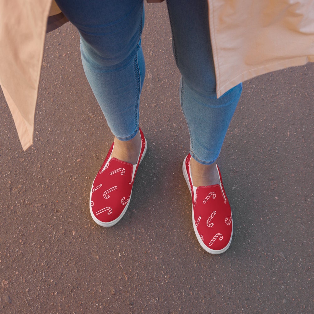 Christmas Candy Cane Sneakers, Red, Women’s slip-on canvas shoes, Gift for Her