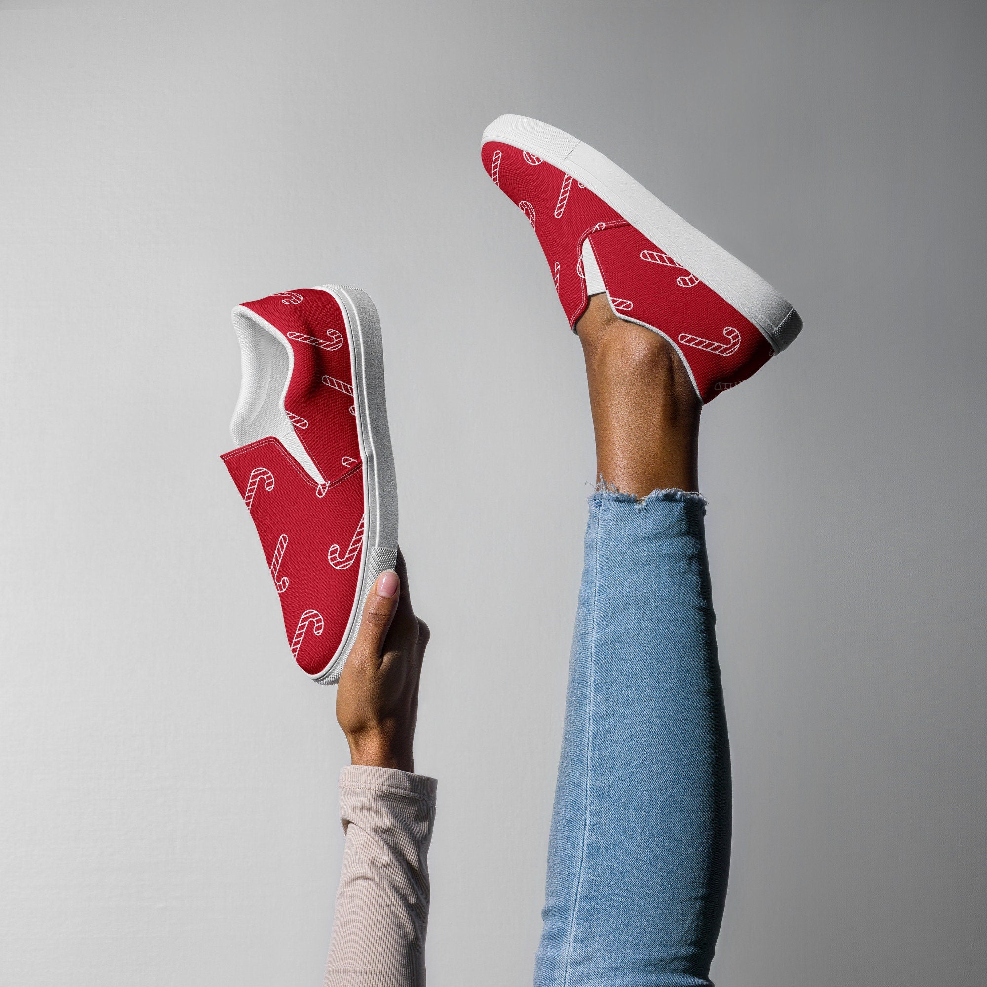 Red Christmas Candy Cane Sneakers, Women’s slip-on canvas shoes, Gift for Her