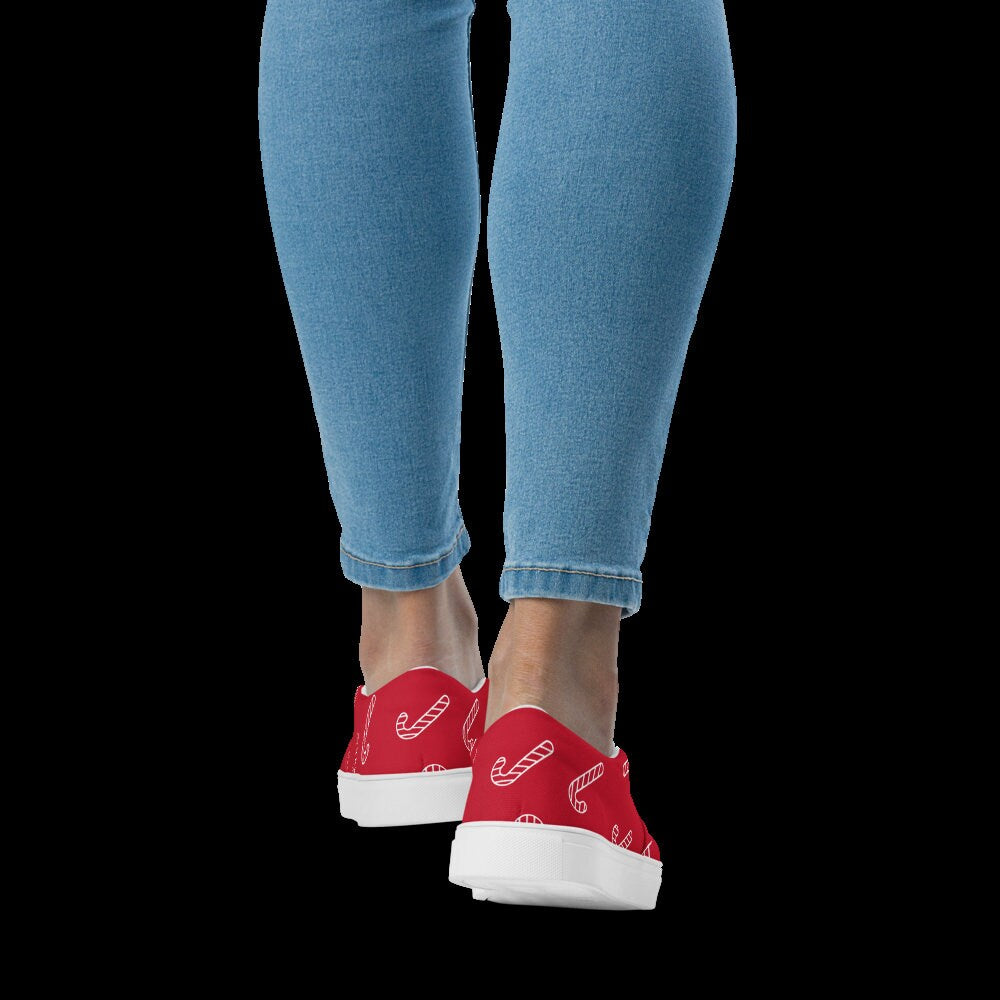 Christmas Candy Cane Sneakers, Red, Women’s slip-on canvas shoes, Gift for Her