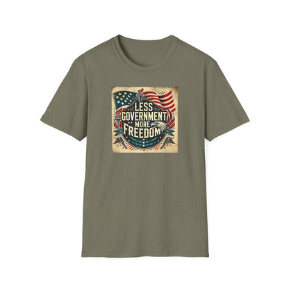 Heather military green t-shirt with vintage &#39;Less Government More Freedom&#39; patriotic design featuring American flag, Liberty torch, and bald eagle — rugged conservative apparel for liberty-minded Americans.