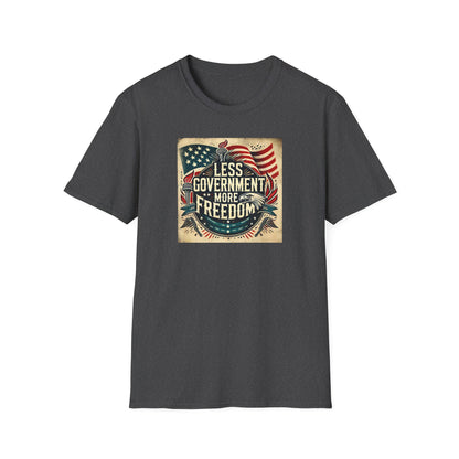 &quot;Dark heather t-shirt featuring vintage-style &#39;Less Government More Freedom&#39; patriotic graphic with American flag, torch, and eagle — ideal for conservative, libertarian, and freedom-loving apparel collections.