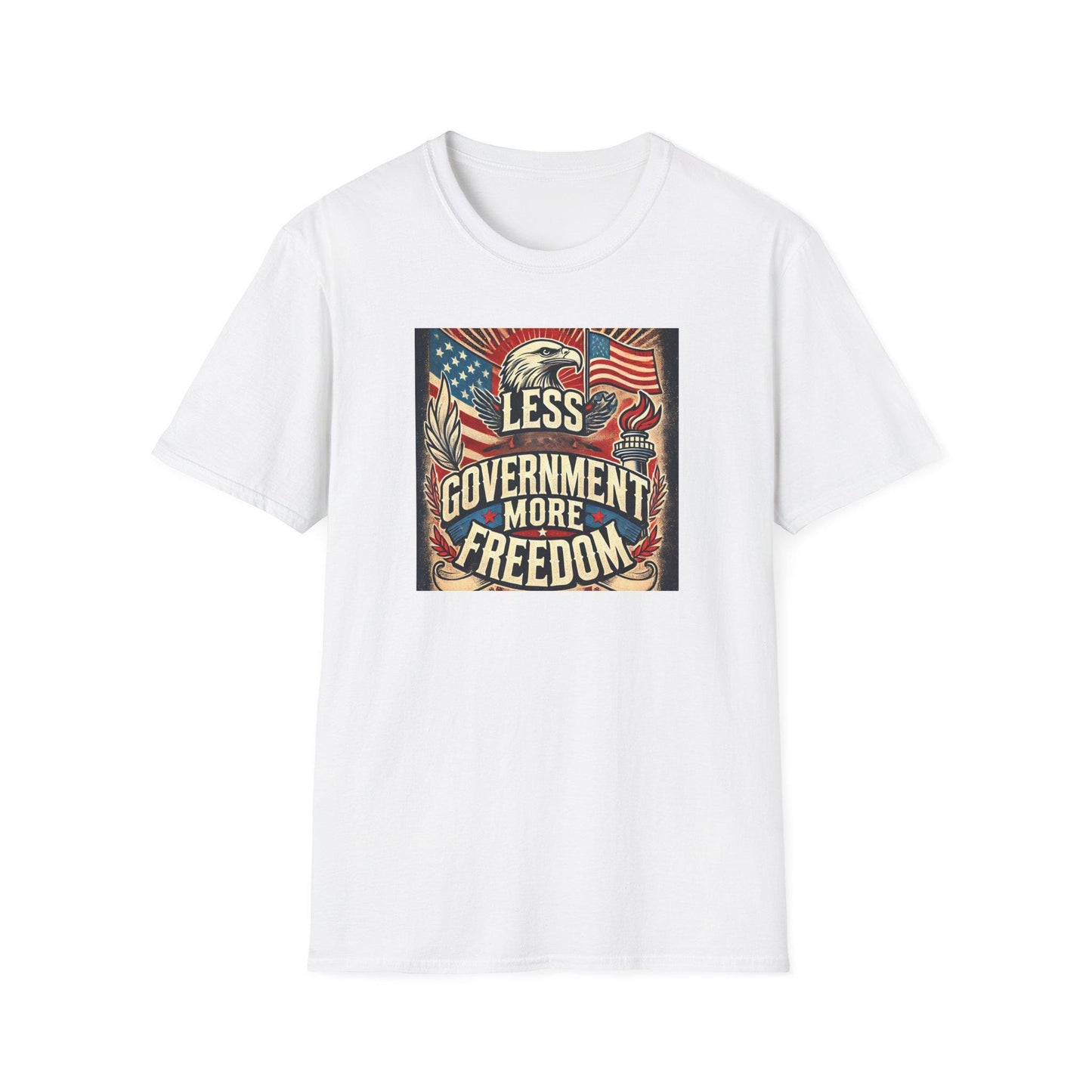 White t-shirt with bold patriotic &#39;Less Government More Freedom&#39; design featuring American flag, bald eagle, torch, and liberty-themed artwork — ideal conservative graphic tee for Independence Day or everyday freedom expression.