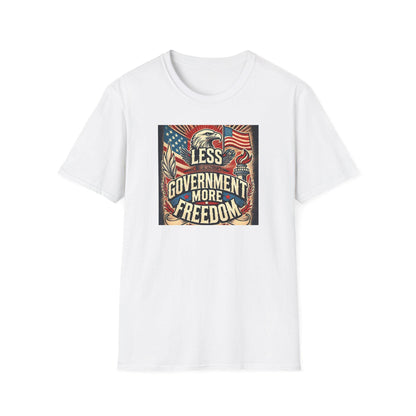White t-shirt with bold patriotic &#39;Less Government More Freedom&#39; design featuring American flag, bald eagle, torch, and liberty-themed artwork — ideal conservative graphic tee for Independence Day or everyday freedom expression.
