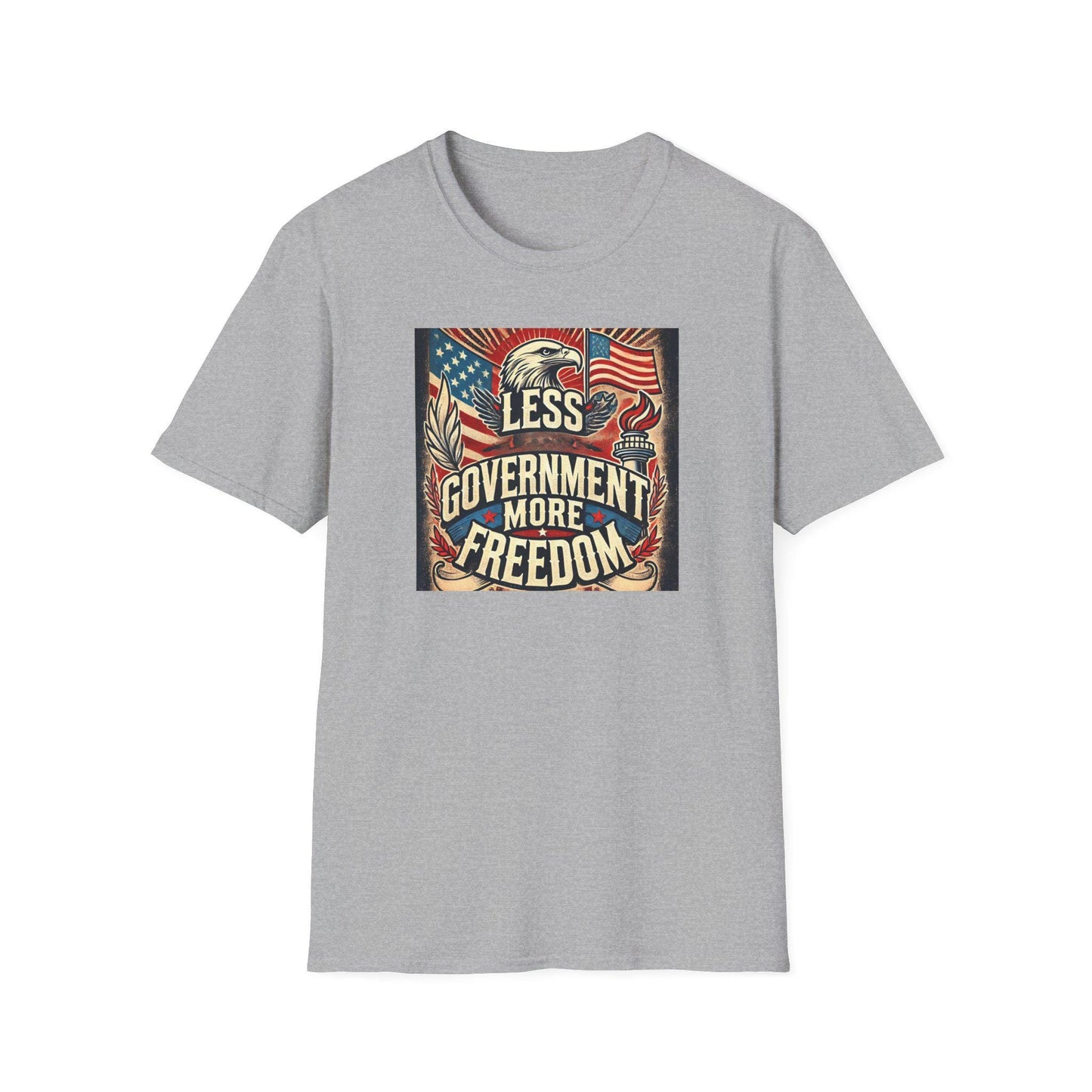 Sport grey t-shirt with bold vintage &#39;Less Government More Freedom&#39; design featuring American flag, bald eagle, and liberty symbols — patriotic conservative apparel for Independence Day and everyday freedom wear.