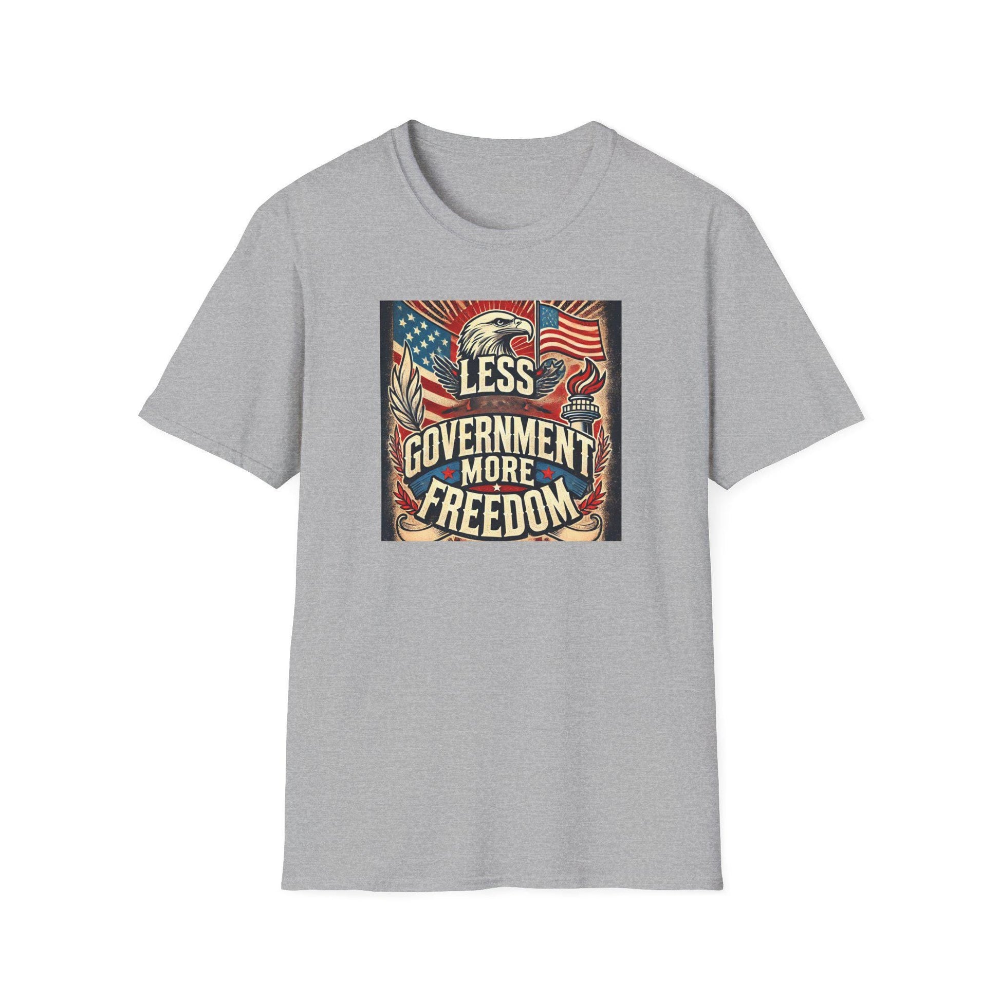 Sport grey t-shirt with bold vintage &#39;Less Government More Freedom&#39; design featuring American flag, bald eagle, and liberty symbols — patriotic conservative apparel for Independence Day and everyday freedom wear.