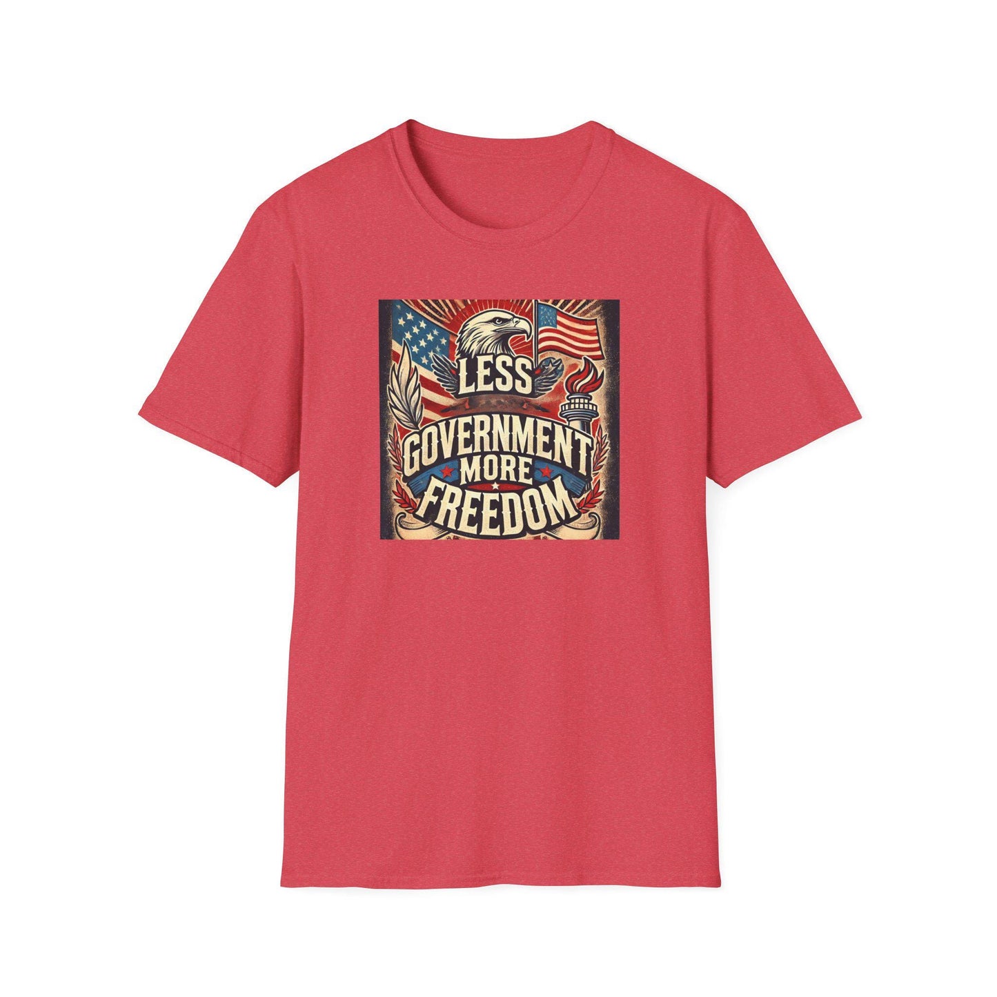 Heather red t-shirt with vintage-style &#39;Less Government More Freedom&#39; design featuring American flag, bald eagle, and liberty torch — bold patriotic conservative graphic tee for Independence Day or everyday freedom wear.