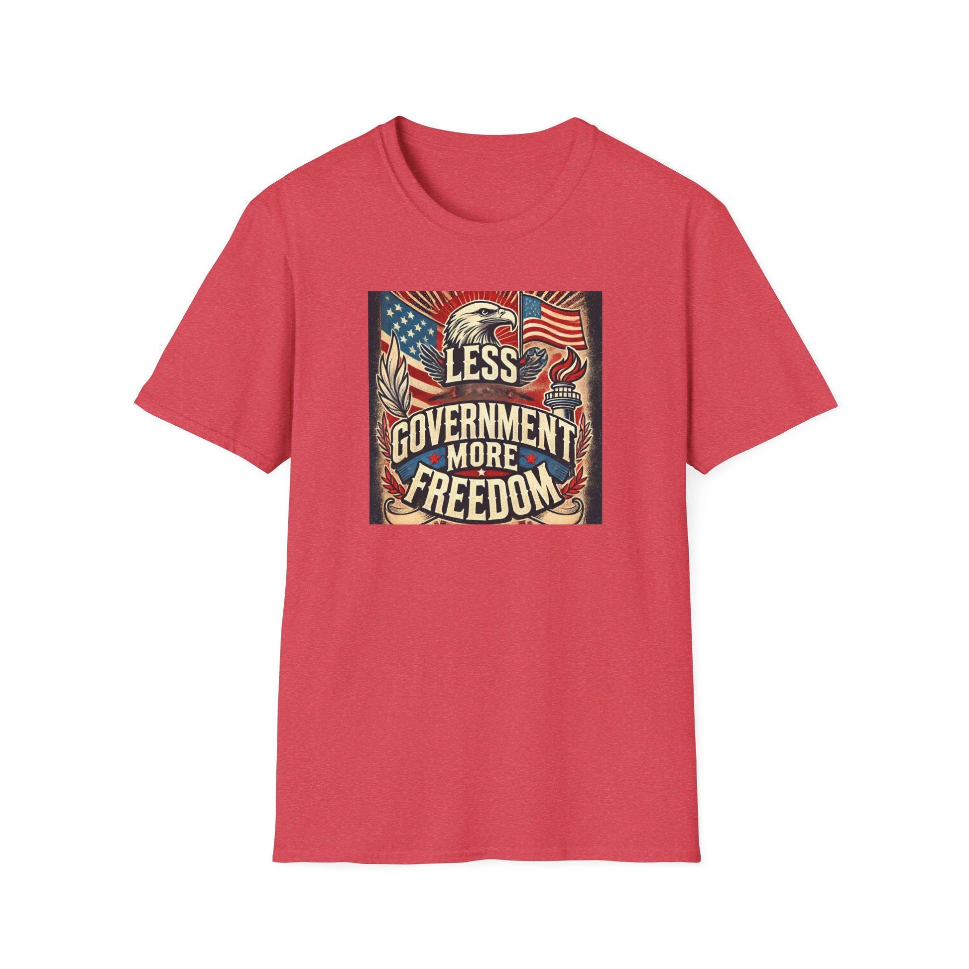 Heather red t-shirt with vintage-style &#39;Less Government More Freedom&#39; design featuring American flag, bald eagle, and liberty torch — bold patriotic conservative graphic tee for Independence Day or everyday freedom wear.