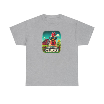 Heather gray unisex t-shirt featuring a vibrant cartoon design of a chicken wearing sunglasses with a red barn and sunny farm scene in the background, and the humorous phrase &quot;What the Cluck?&quot; displayed below.