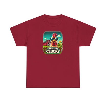 Red unisex t-shirt with a colorful cartoon graphic of a chicken wearing sunglasses, standing in front of a red barn and sunny farm scene, featuring the playful phrase &quot;What the Cluck?&quot; printed below.