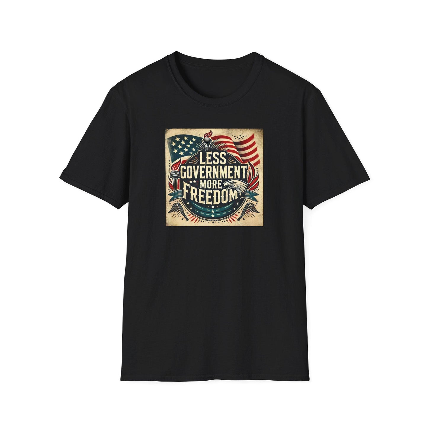 Black patriotic t-shirt featuring vintage &#39;Less Government More Freedom&#39; design with American flag, Liberty torch, and bald eagle — bold freedom-themed apparel for conservatives and libertarians.