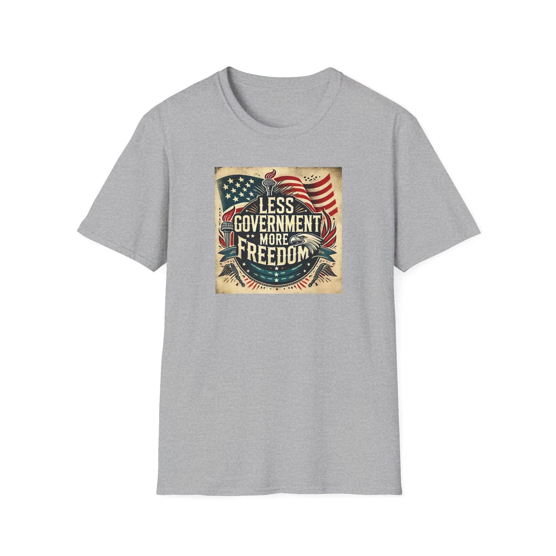 Sport grey t-shirt with vintage patriotic &#39;Less Government More Freedom&#39; graphic featuring American flag, Liberty torch, and bald eagle — ideal conservative-themed apparel for Independence Day or everyday wear.