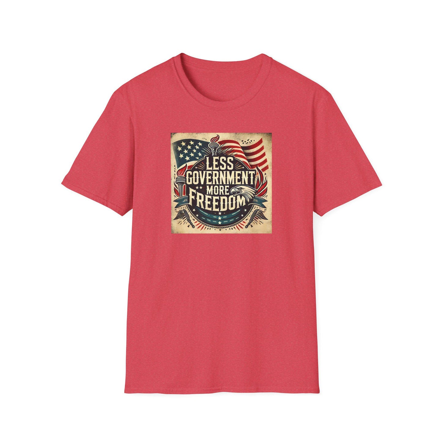 Heather red t-shirt with vintage patriotic &#39;Less Government More Freedom&#39; design featuring American flag, Liberty torch, and bald eagle — bold conservative graphic tee perfect for Independence Day or everyday patriotism.